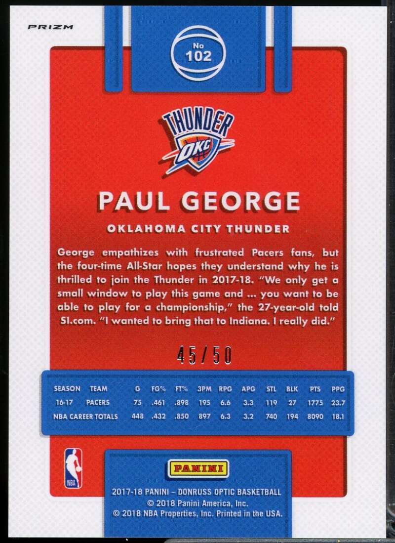 Paul George Card 2017-18 Donruss Optic Fast Break Blue #102  Image 2