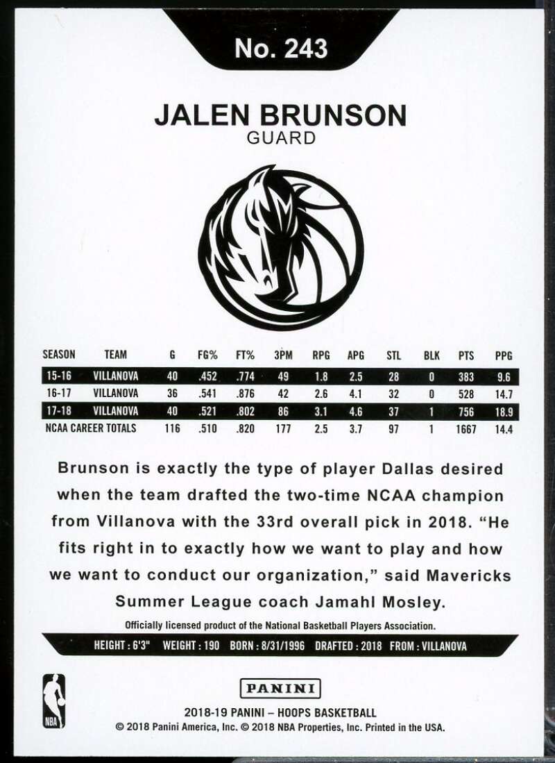 Jalen Brunson Rookie Card 2018-19 Hoops #243  Image 2
