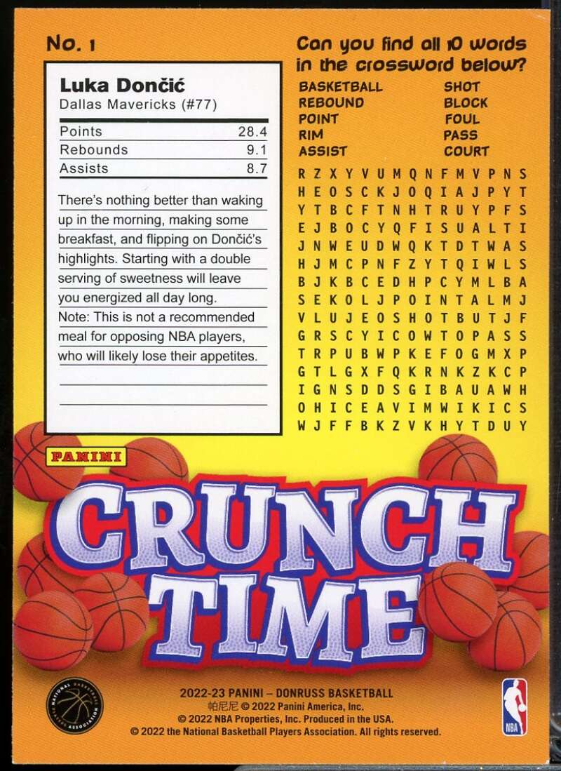 Luka Doncic Card 2022-23 Donruss Crunch Time #1  Image 2
