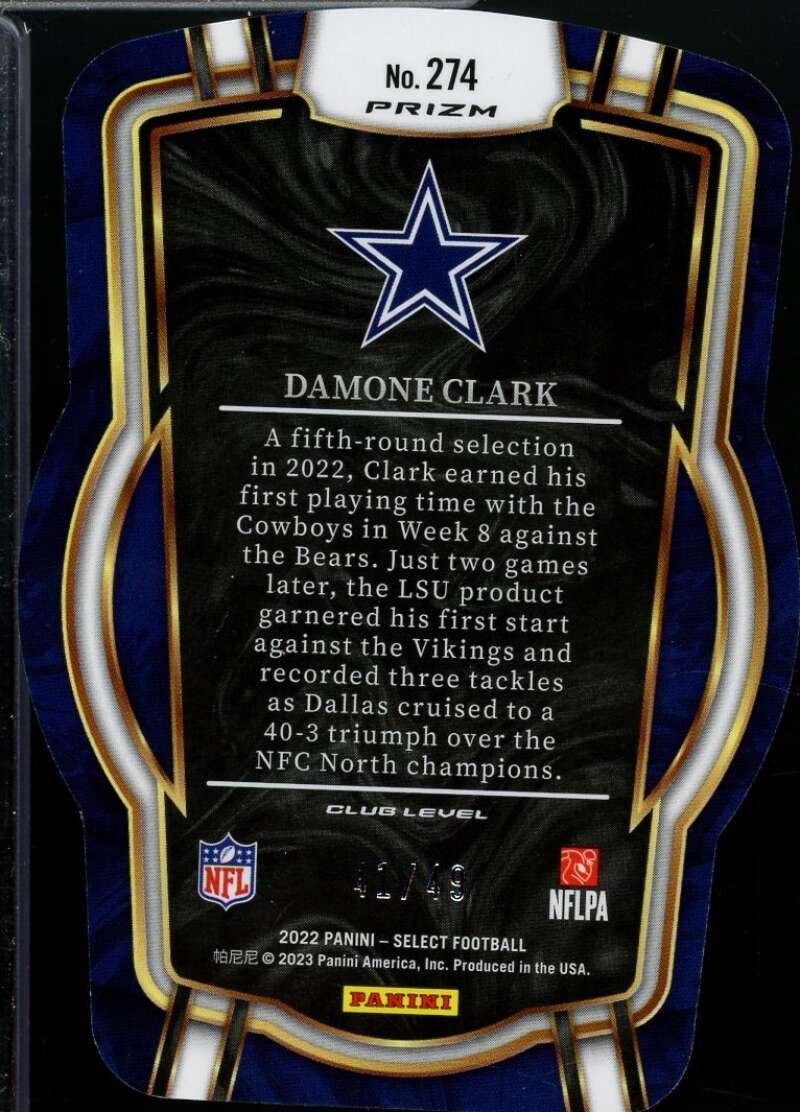 Damone Clark Rookie Card 2022 Select Prizm White Die Cut #274  Image 2