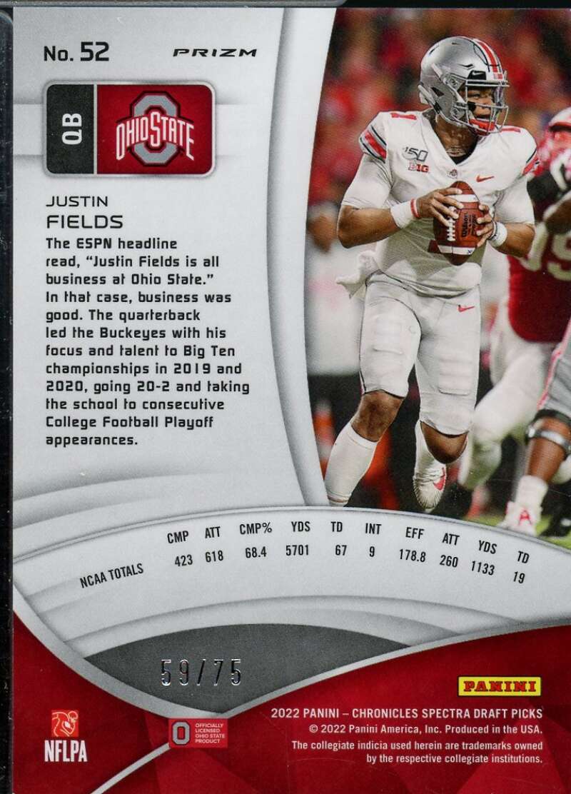 Justin Fields Card 2022 Panini Chronicles Draft Picks Spectra Neon Pink #52  Image 2