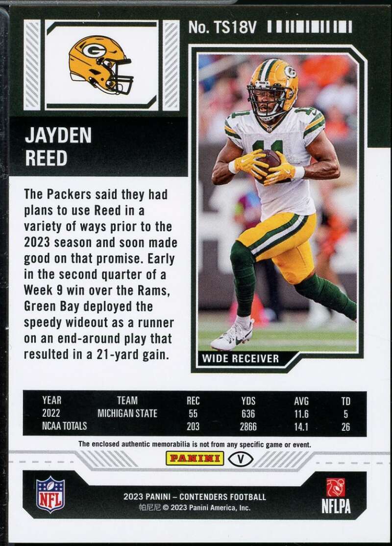 Jayden Reed Card 2023 Panini Contenders Rookie Ticket Swatches #18  Image 2