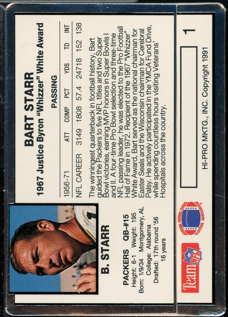Bart Starr Card 1991 Action Packed Whizzer White Award #1  Image 2