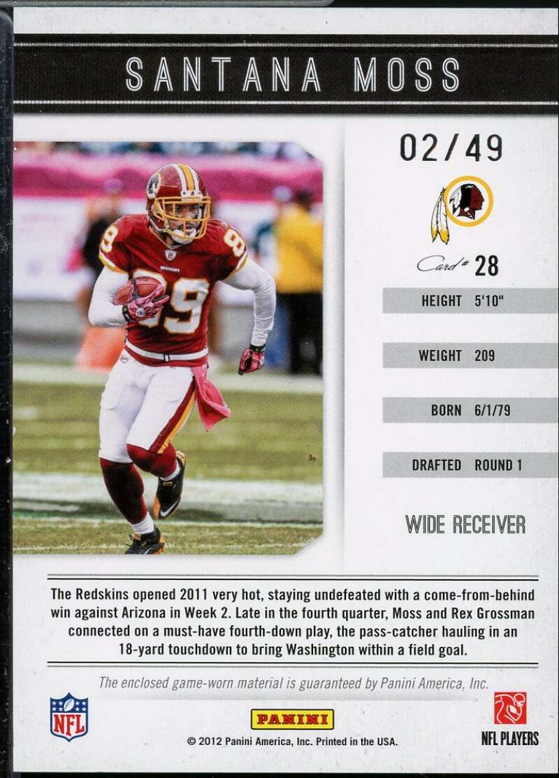 Santana Moss Card 2011 Panini Playbook Materials Prime #28  Image 2