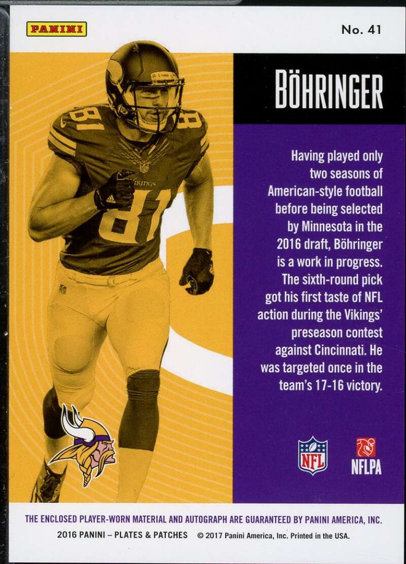 Moritz Bohringer Card 2016 Panini Plates Patches Rookie Patch Autographs #41  Image 2