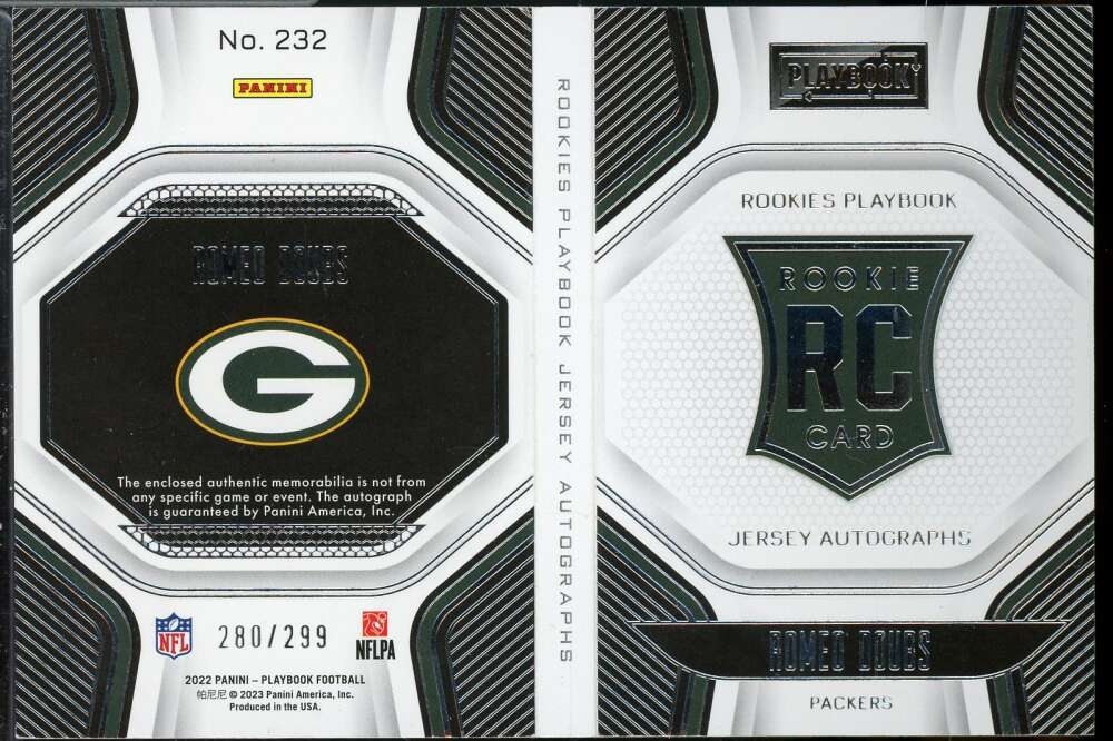 Romeo Doubs JSY AU Rookie Card 2022 Panini Playbook #232  Image 1