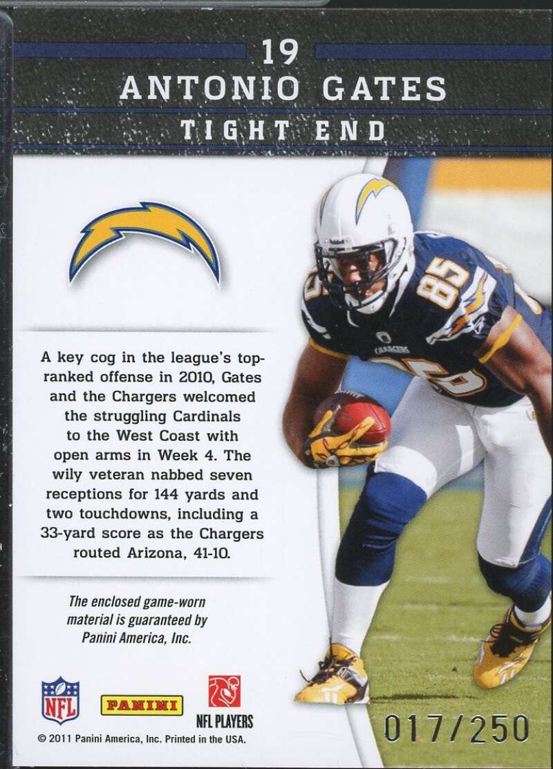 Antonio Gates Card 2011 Panini Gridiron Gear Gamebreakers Jerseys #19  Image 2