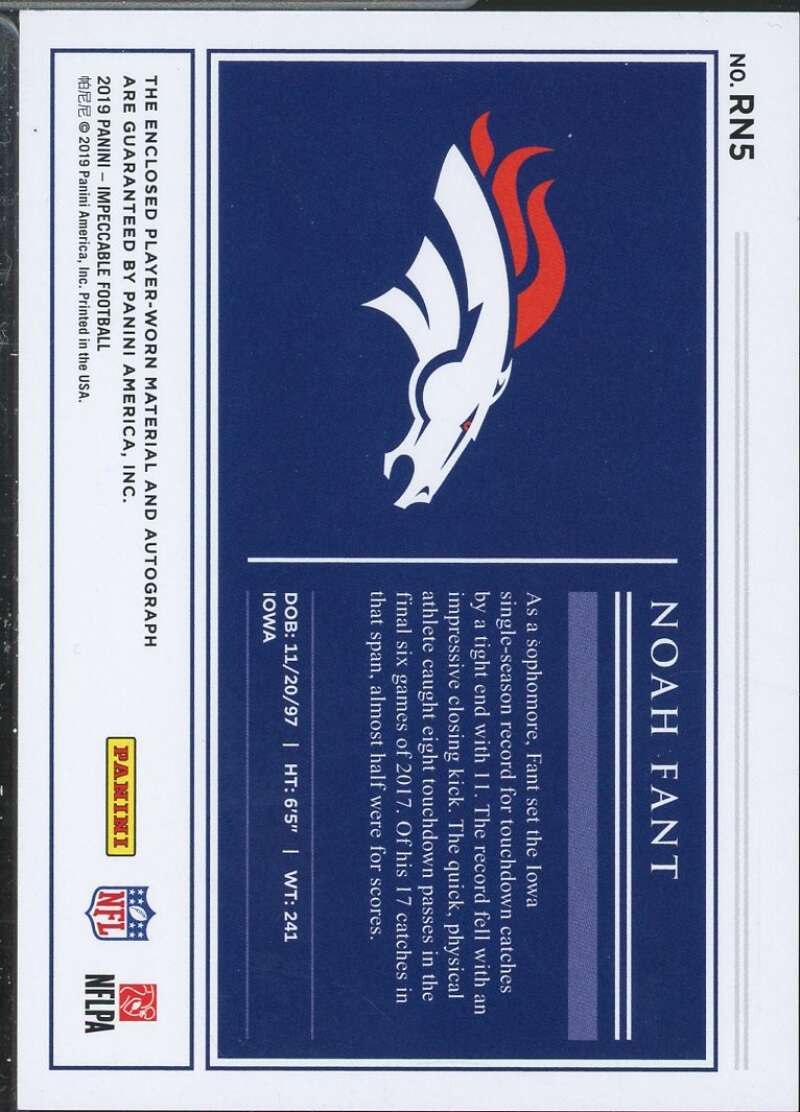 Noah Fant Card 2019 Panini Impeccable Rookie Numbers Patch Autographs Silver #5  Image 2
