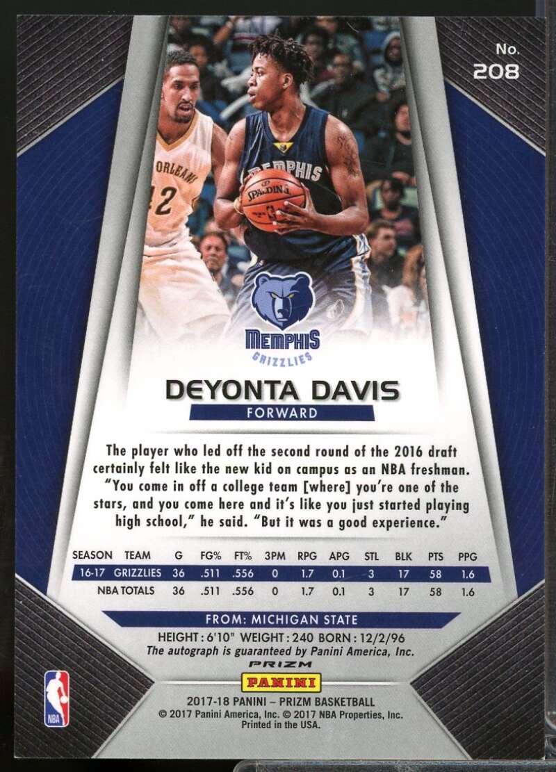 Deyonta Davis Card 2017-18 Panini Prizm Autographs Silver #208  Image 2