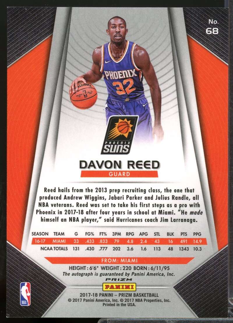 Davon Reed Card 2017-18 Panini Prizm Autographs Silver #68  Image 2