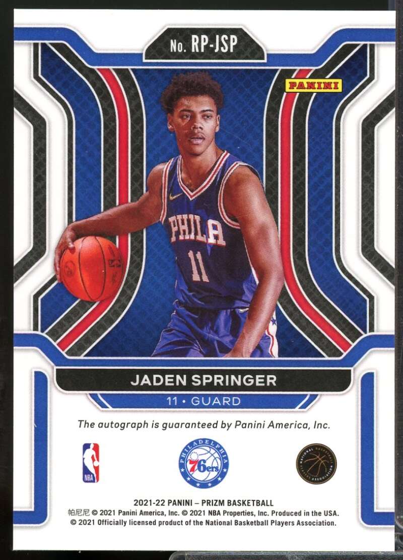 Jaden Springer Card 2021-22 Panini Prizm Rookie Penmanship Autograph #28  Image 2