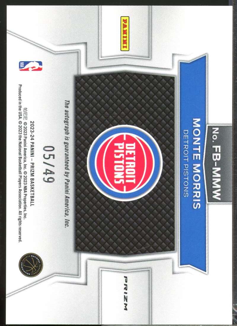 Monte Morris /49 Card 2023-24 Panini Prizm Fast Break Autographs Blue #18  Image 2