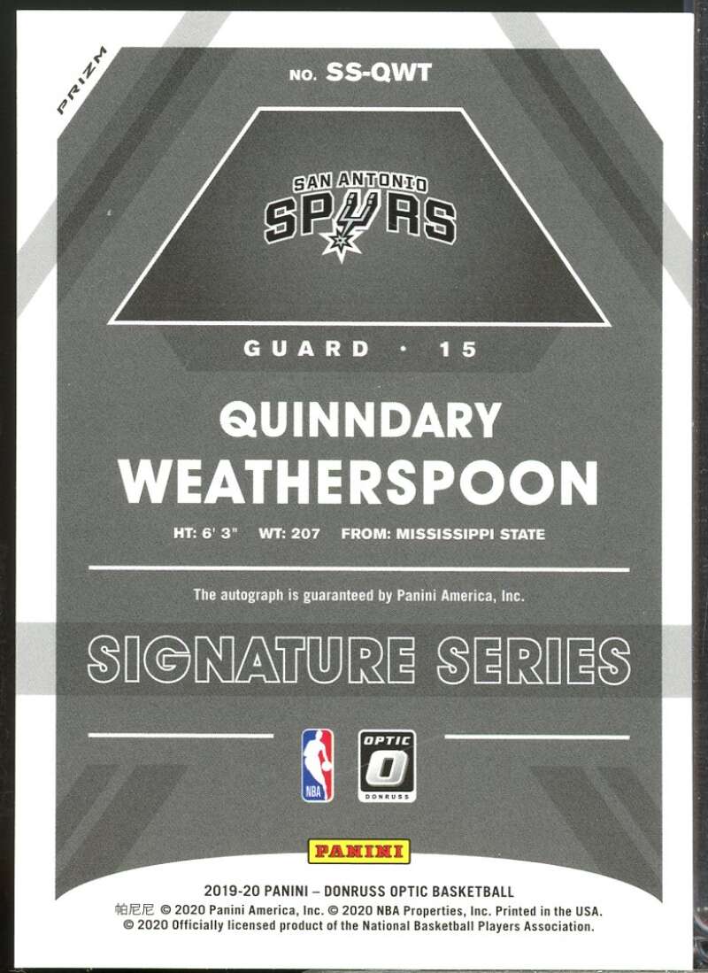 Quinndary Weatherspoon Rookie 2019-20 Optic Signature Series Autograph Holo #67  Image 2