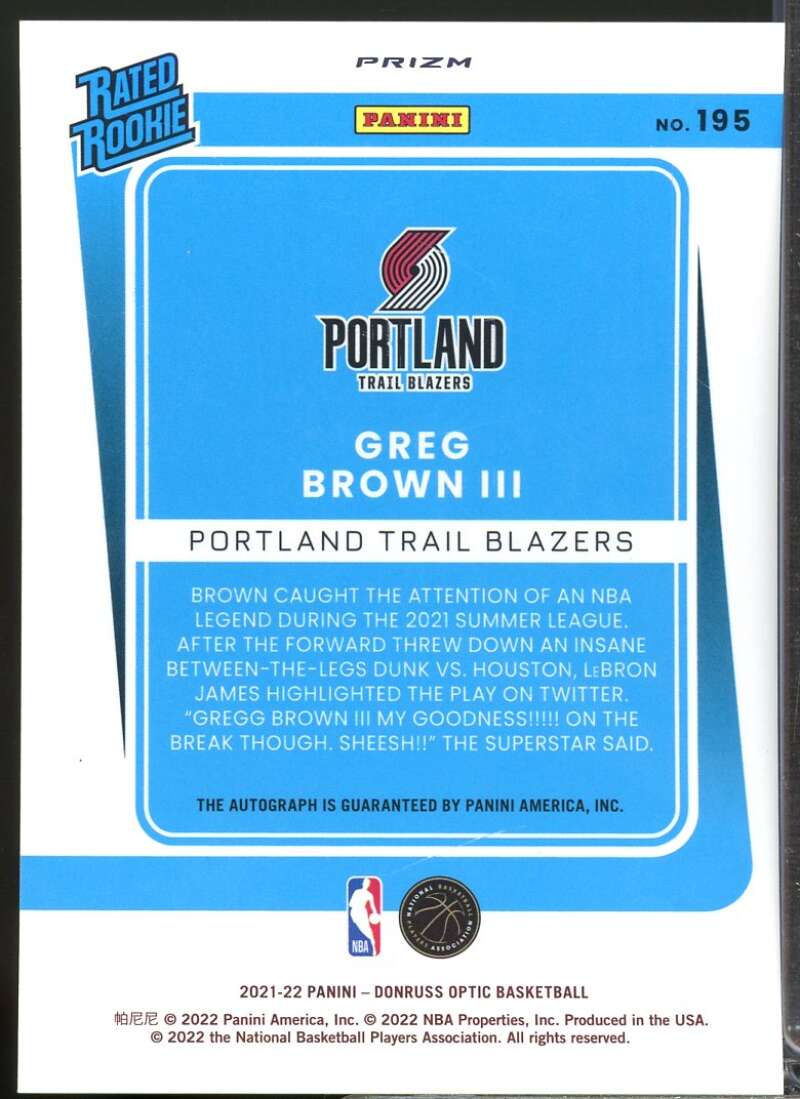 Greg Brown III Rookie 2021-22 Donruss Optic Rated Rookie Autograph Holo #195  Image 2