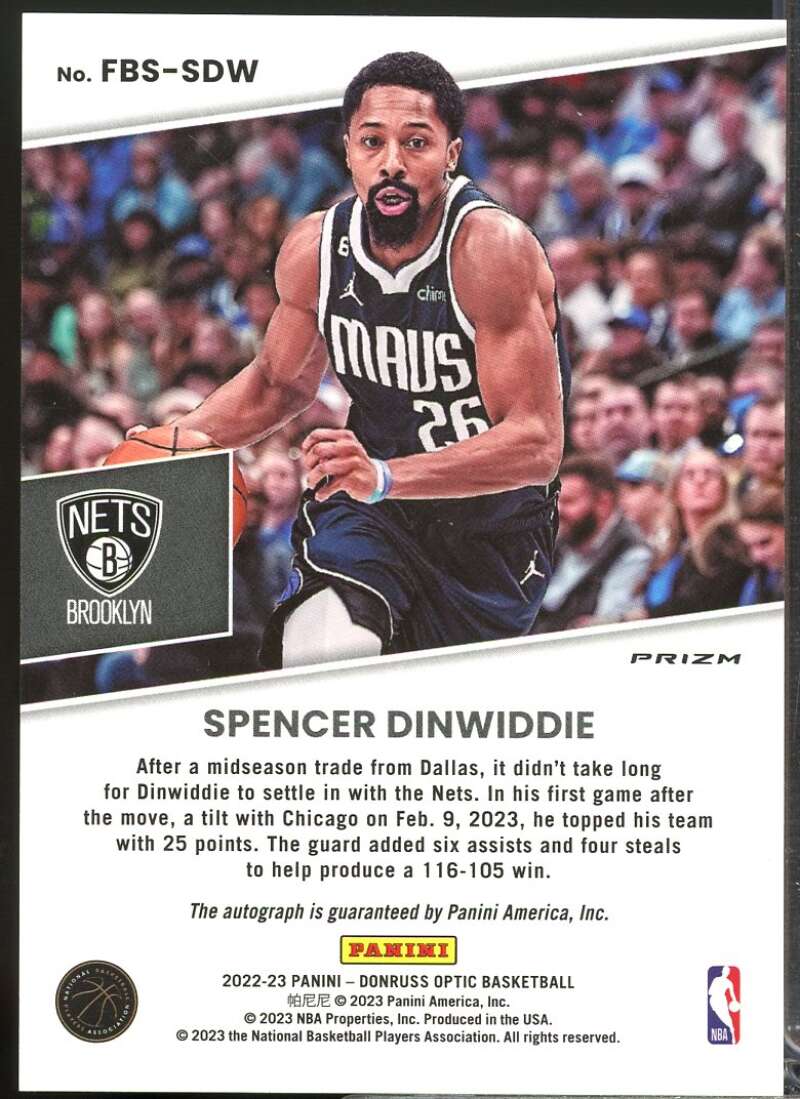 Spencer Dinwiddie 2022-23 Donruss Optic Fast Break Signatures Autograph #34  Image 2