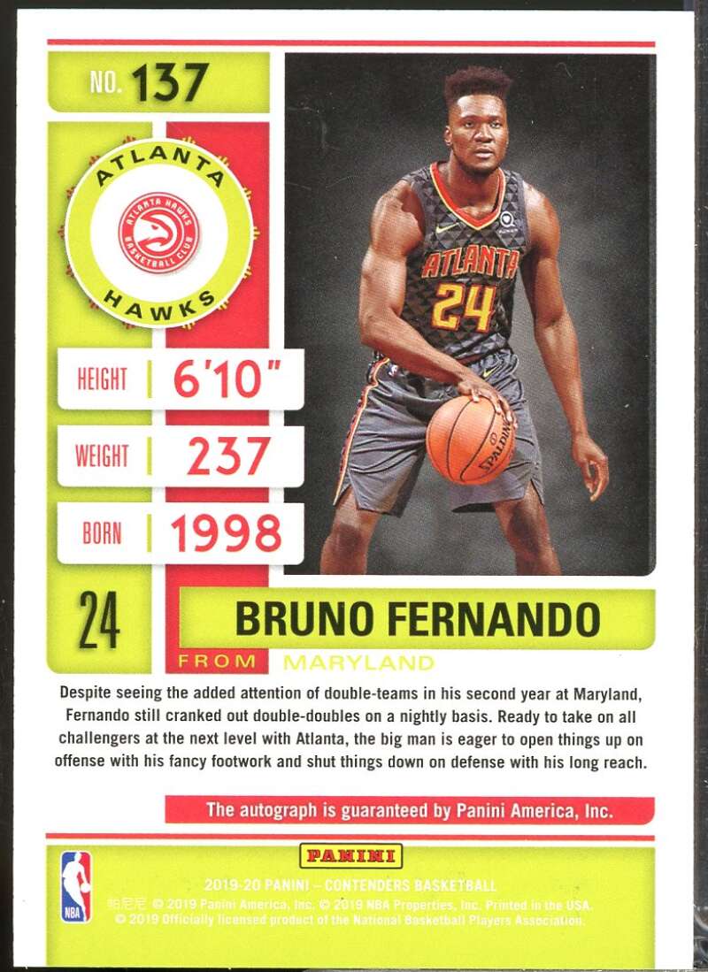 Bruno Fernando Rookie Card 2019-20 Panini Contenders Autograph #137  Image 2