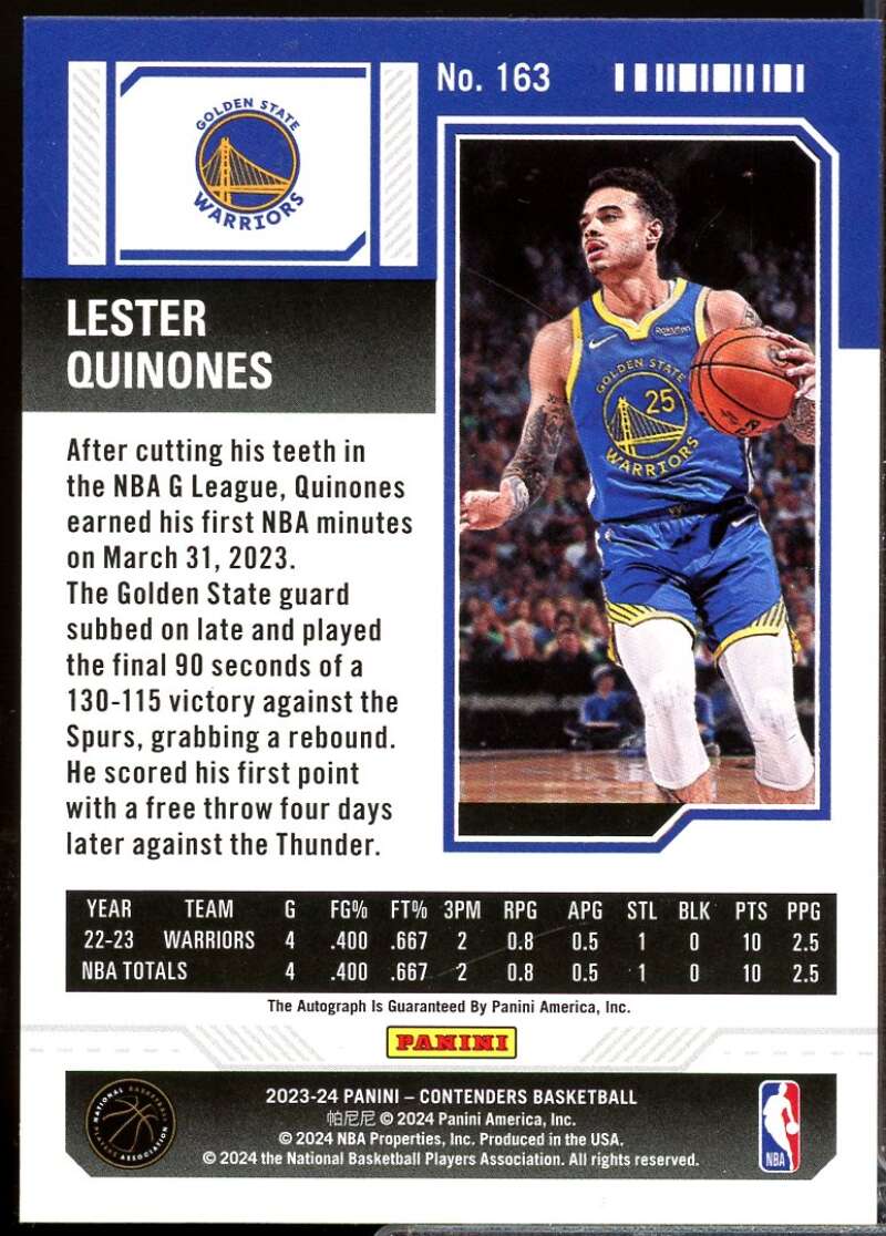 Lester Quinones Card 2023-24 Panini Contenders Rookie Ticket Autograph #163  Image 2