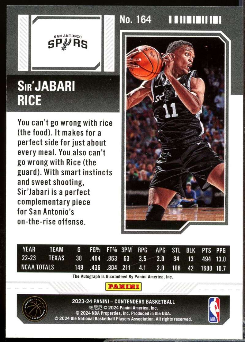 Sir'Jabari Rice Card 2023-24 Panini Contenders Rookie Ticket Autograph #164  Image 2