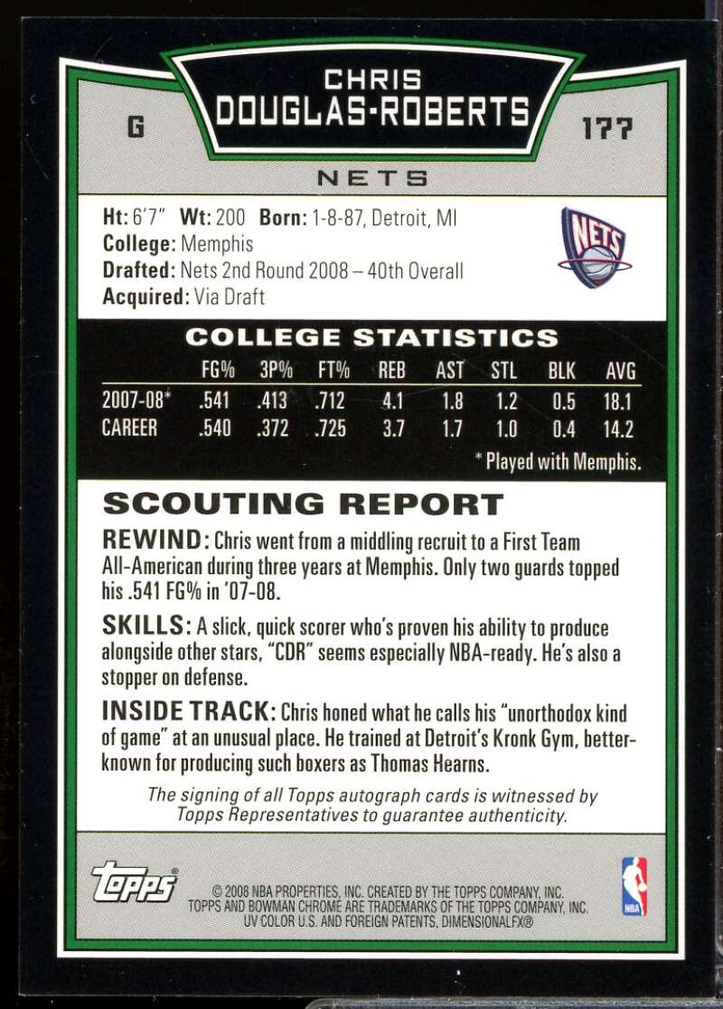 Chris Douglas-Roberts Rookie Card 2008-09 Bowman Chrome Autograph #177  Image 2