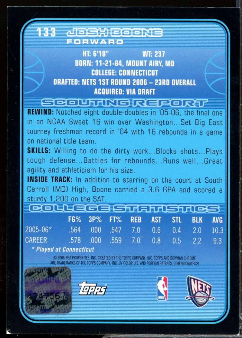 Josh Boone Rookie Card 2006-07 Bowman Chrome Autograph #133  Image 2