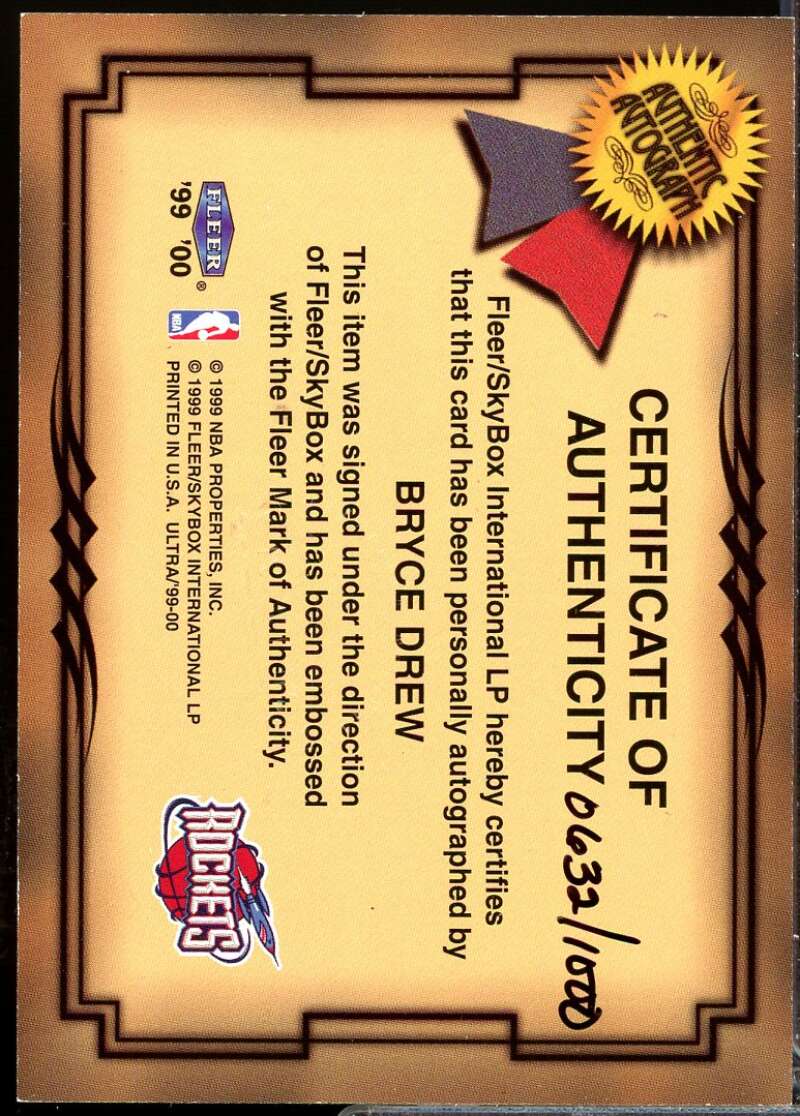 Bryce Drew Card 1999-00 Ultra Fresh Ink Autograph #14  Image 2