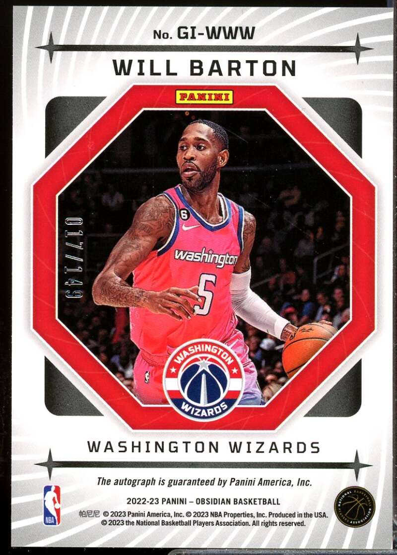 Will Barton /149 Card 2022-23 Panini Obsidian Galaxy Ink Autograph #24  Image 2