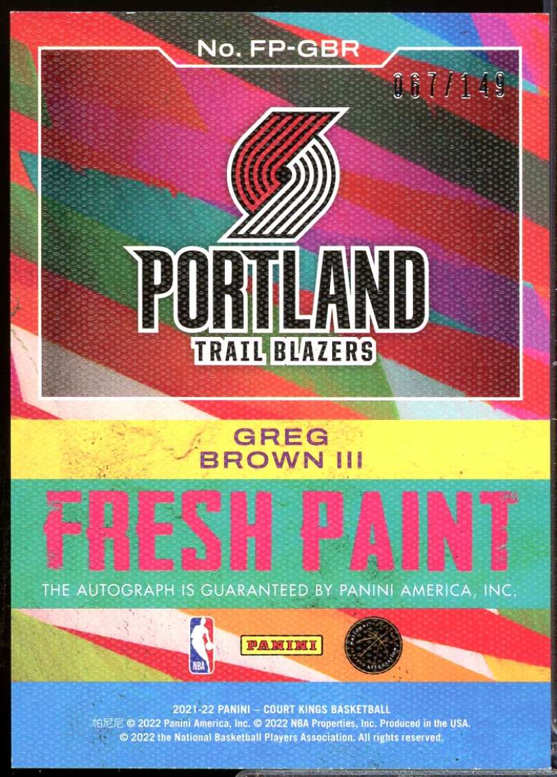 Greg Brown III Rookie /149 Card 2021-22 Court Kings Fresh Paint Autographs #10  Image 2