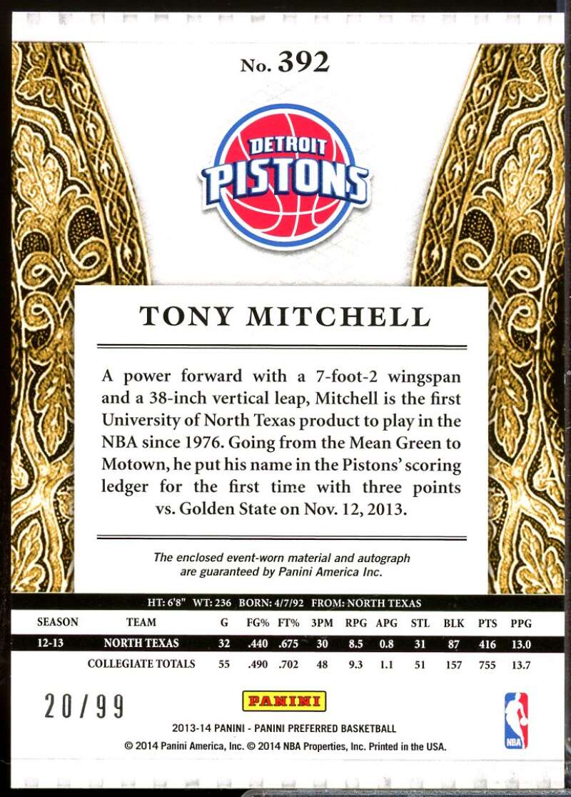 Tony Mitchell Rookie 2013-14 Preferred Crown Royale Silhouettes Jsy Auto #392  Image 2