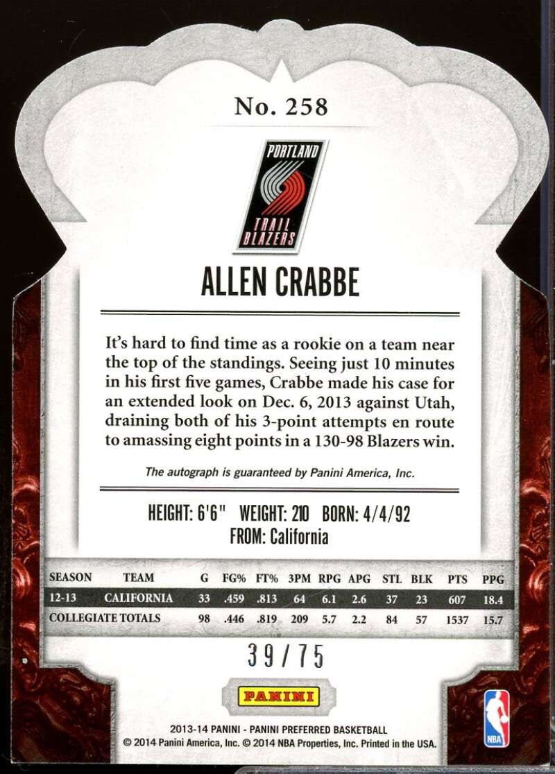 Allen Crabbe Rookie /75 2013-14 Panini Preferred Crown Royale Autograph #258  Image 2
