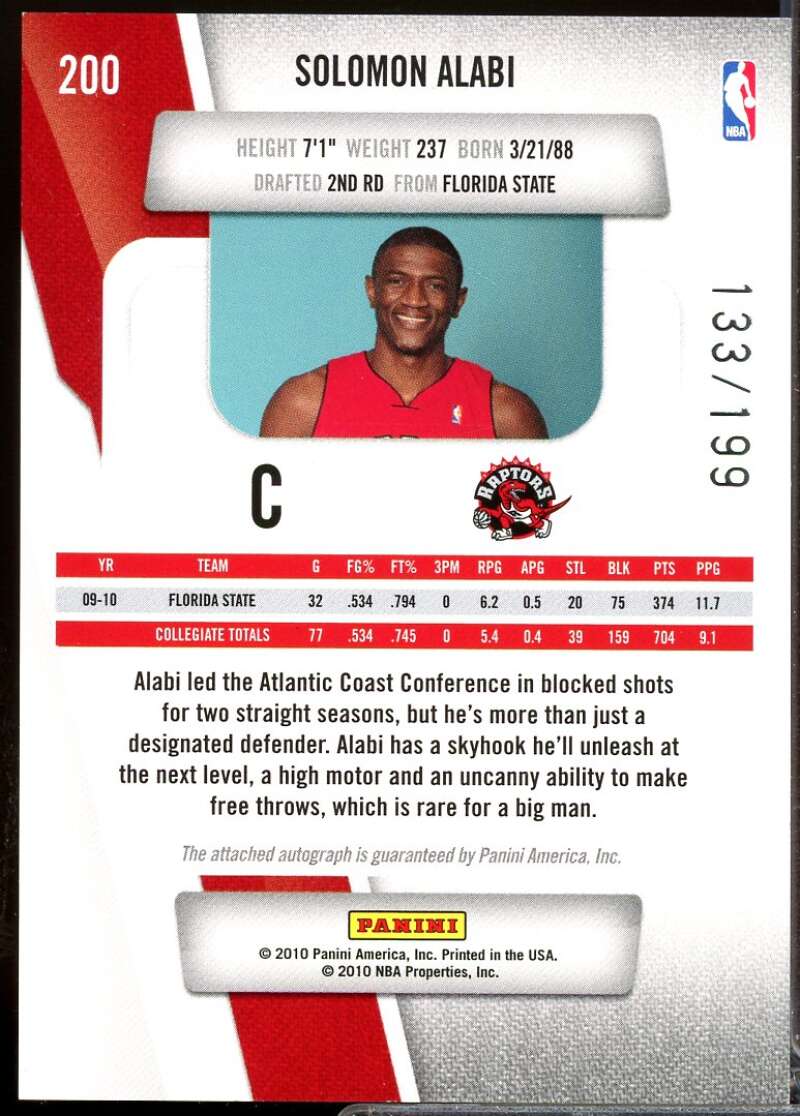 Solomon Alabi Rookie /199 2010-11 Prestige Draft Picks Rights Autographs #200  Image 2