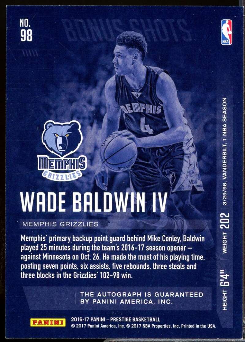 Wade Baldwin IV Rookie 2016-17 Prestige Bonus Shots Signatures Autograph #98  Image 2