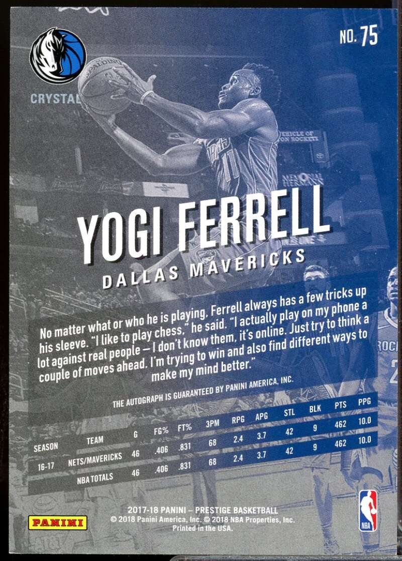 Yogi Ferrell Card 2017-18 Prestige Bonus Shots Autograph Crystal #75  Image 2