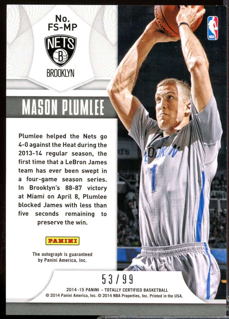 Mason Plumlee /99 Card 2014-15 Totally Certified Future Stars Autograph #FSMP  Image 2