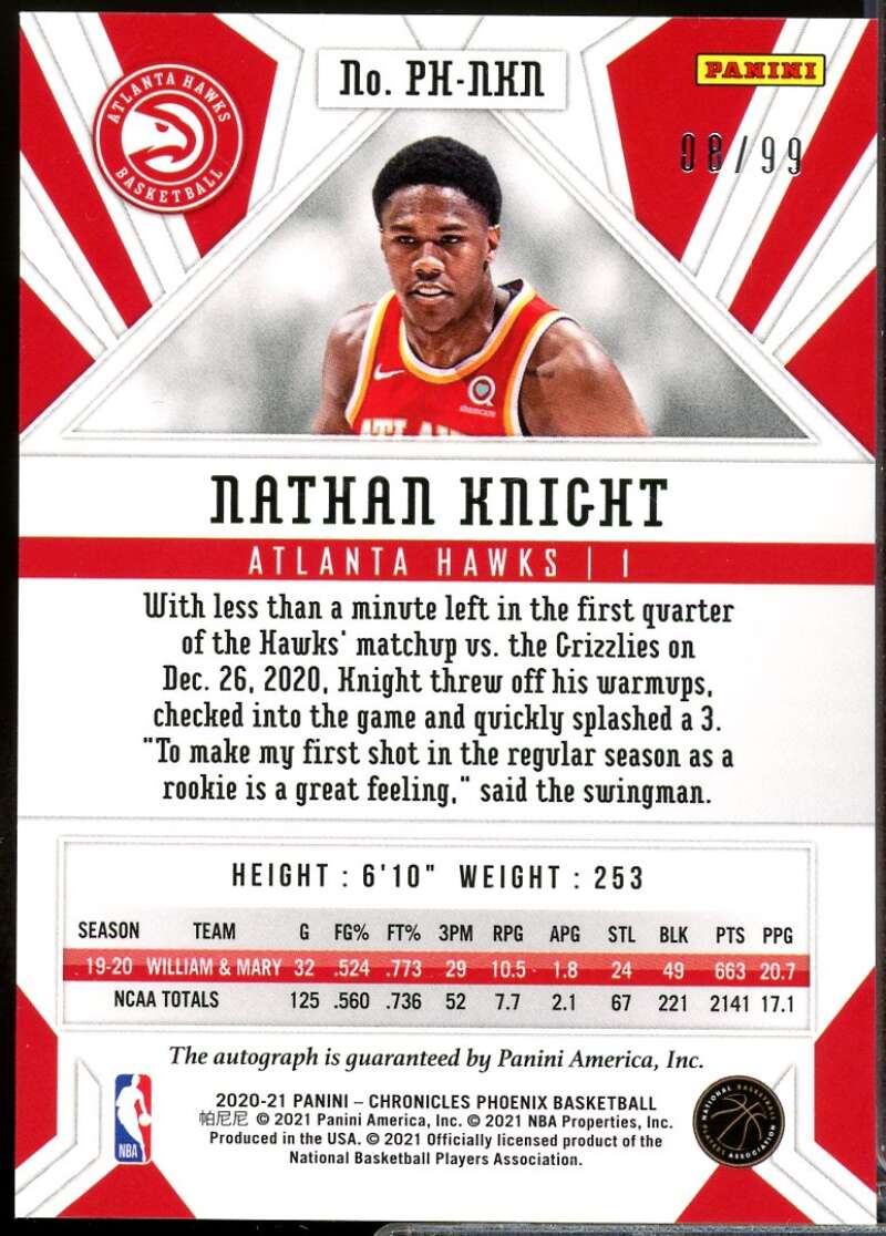 Nathan Knight /99 Card 2020-21 Panini Chronicles Phoenix Rookie Autographs #2  Image 2
