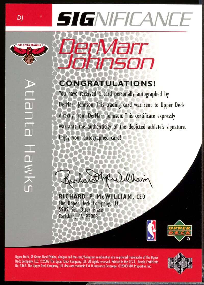 DerMarr Johnson /100 Card 2003-04 SP Game Used SIGnificance Autograph #DJ  Image 2