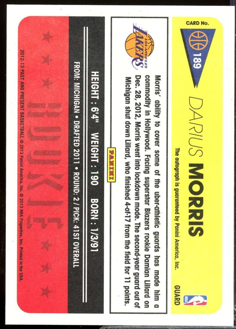 Darius Morris Rookie Card 2012-13 Panini Past and Present Autograph #189  Image 2