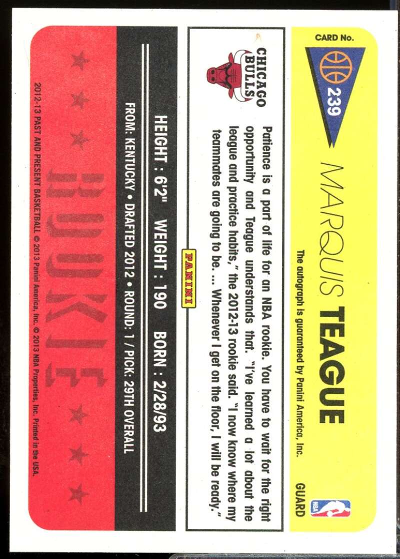 Marquis Teague Rookie Card 2012-13 Panini Past and Present Autograph #239  Image 2