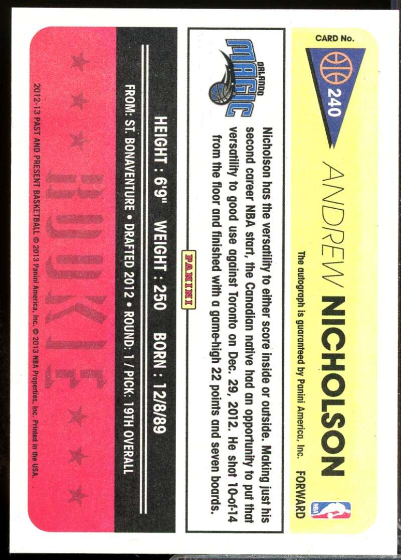 Andrew Nicholson Rookie Card 2012-13 Panini Past and Present Autograph #240  Image 2