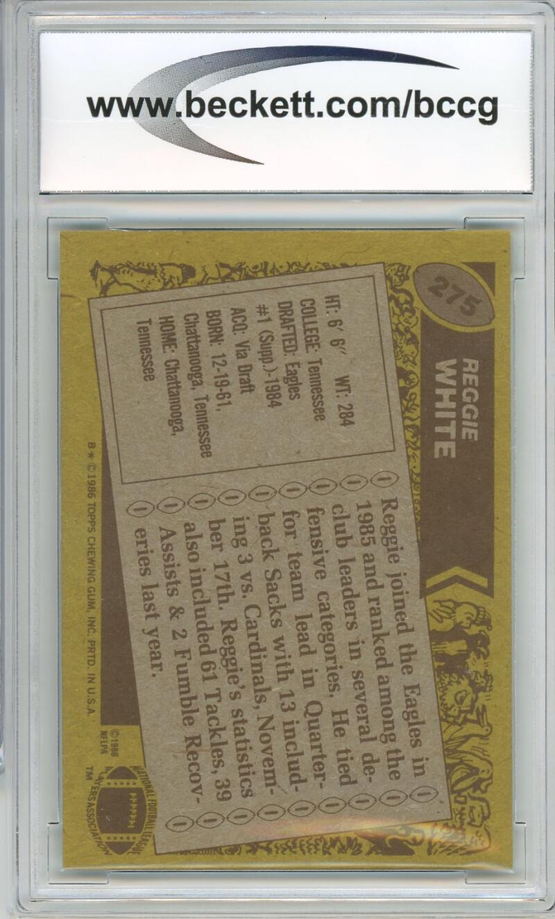 1986 Topps #275 Reggie White Rookie Card BGS BCCG 9 Near Mint+ Image 2