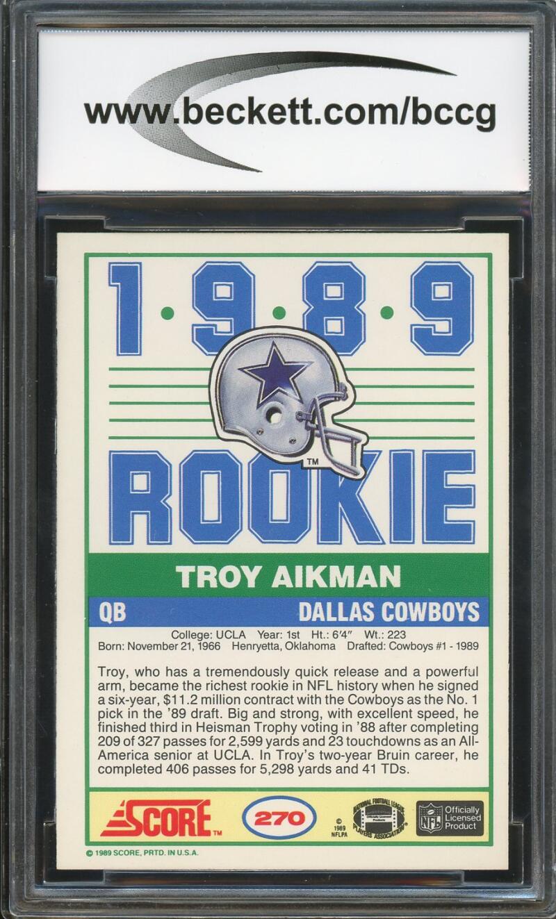 1989 Score #270 Troy Aikman Rookie Card BGS BCCG 9 Near Mint+ Image 2