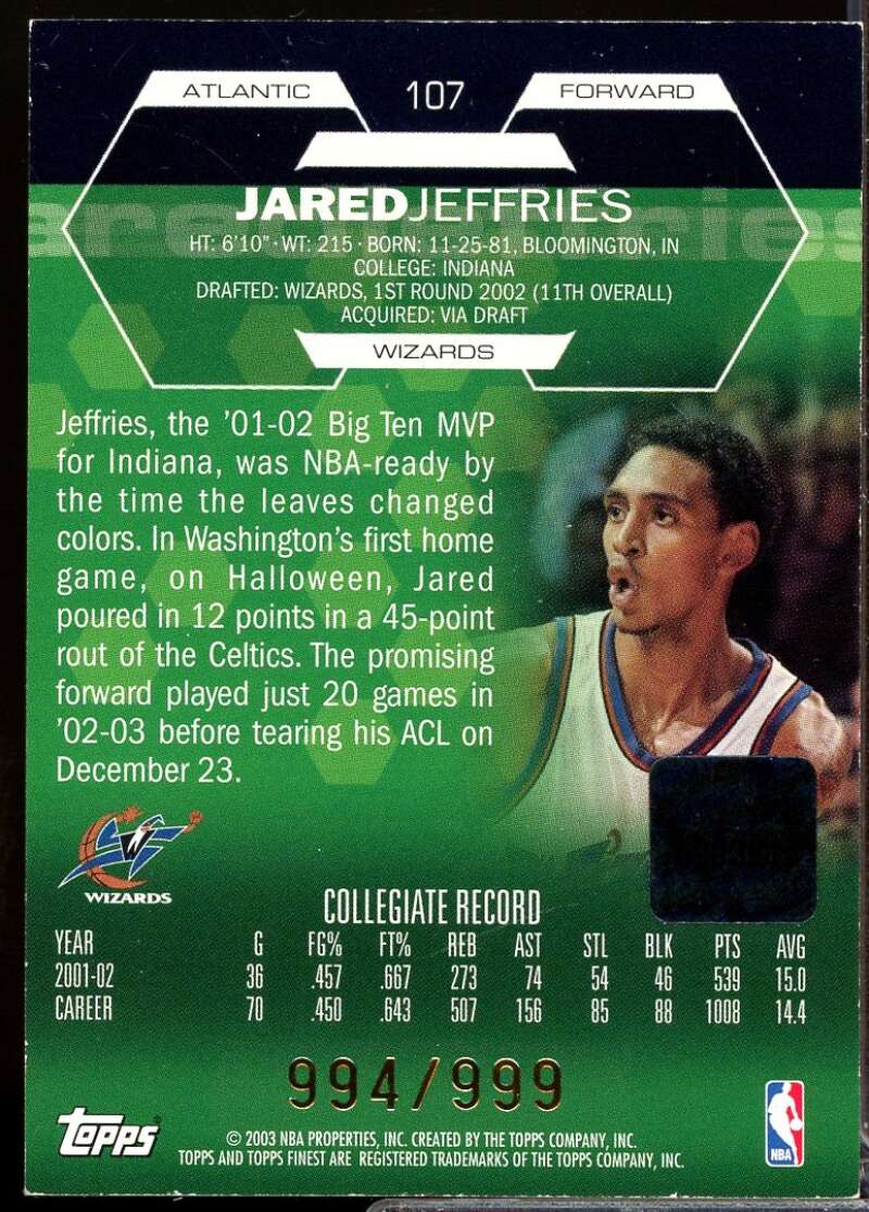Jared Jeffries Rookie Card 2002-03 Finest Autograph #107  Image 2