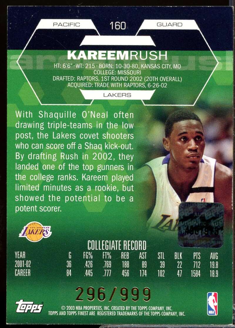 Kareem Rush Rookie Card 2002-03 Finest Autograph #160  Image 2