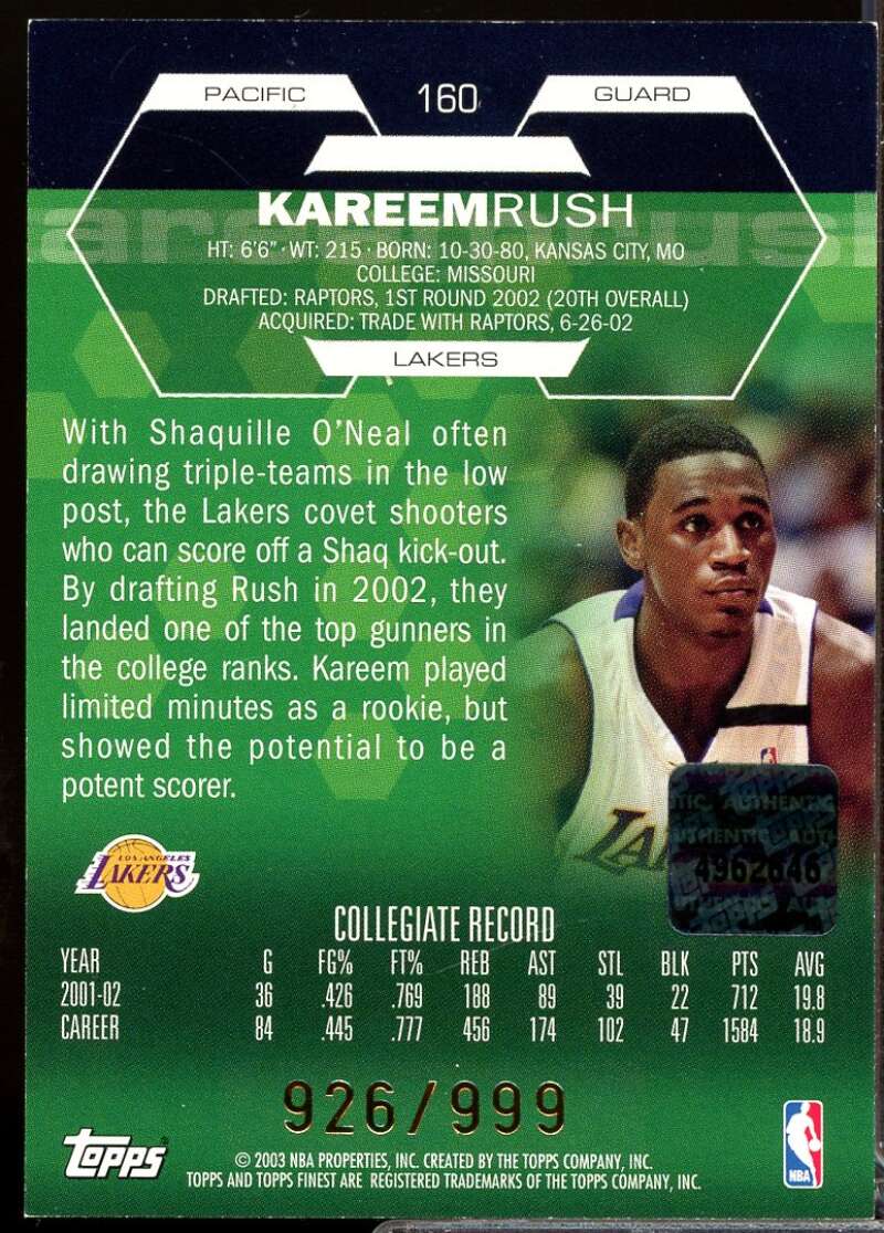Kareem Rush Rookie Card 2002-03 Finest Autograph #160  Image 2