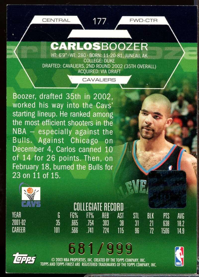 Carlos Boozer Rookie Card 2002-03 Finest Autograph #177  Image 2