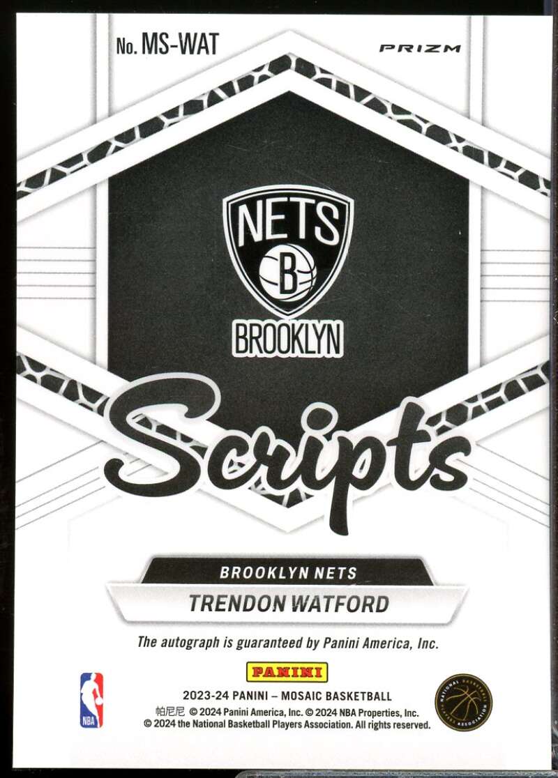 Trendon Watford Card 2023-24 Panini Mosaic Scripts Autograph #3  Image 2
