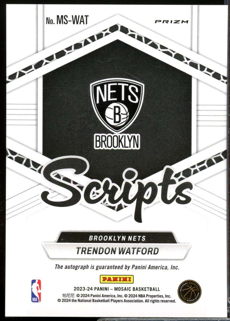 Trendon Watford Card 2023-24 Panini Mosaic Scripts Autograph #3  Image 2