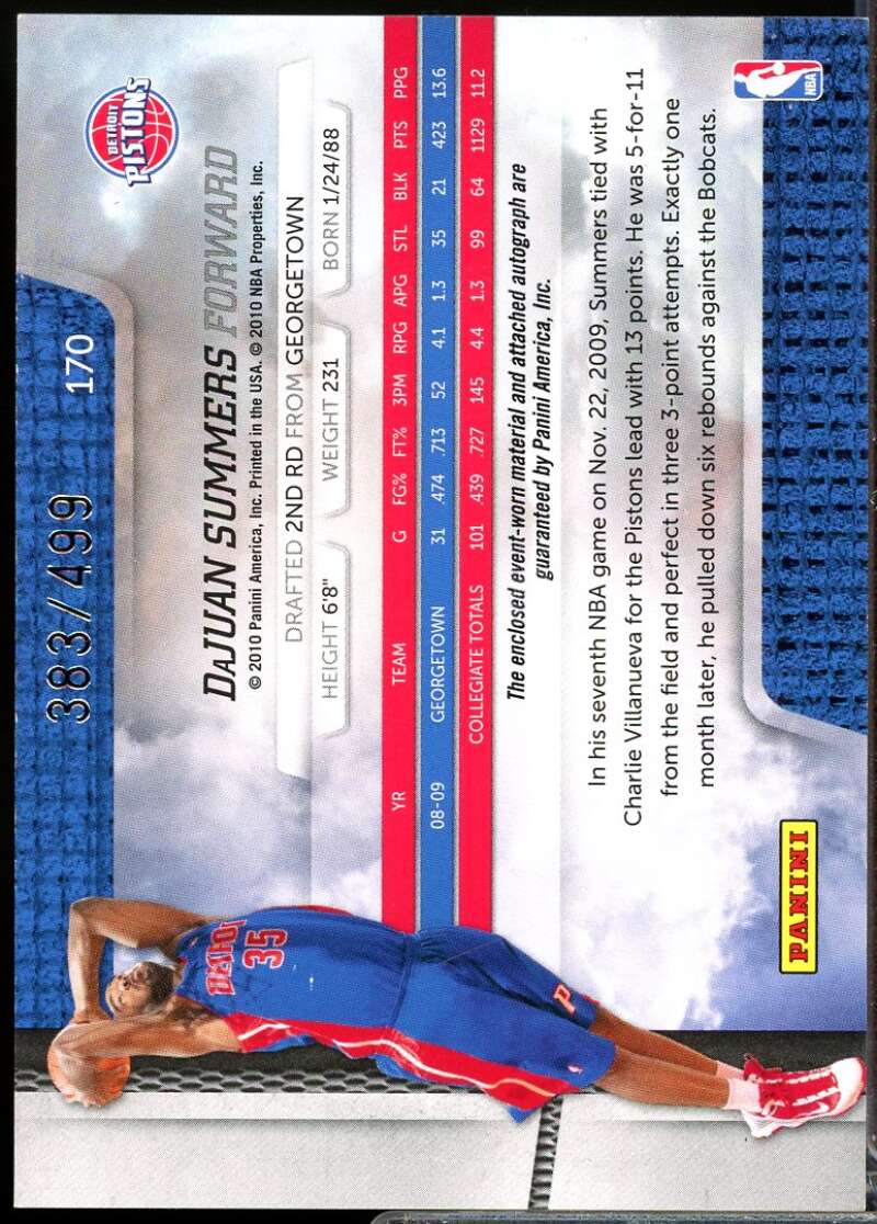 DaJuan Summers Rookie Card 2009-10 Absolute Memorabilia Jersey Autograph #170  Image 2