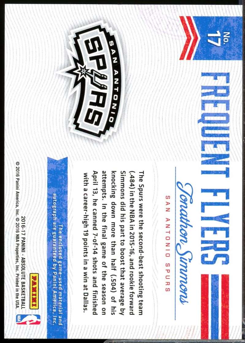 Jonathon Simmons 2016-17 Absolute Frequent Flyer Jersey Material Autographs #17  Image 2
