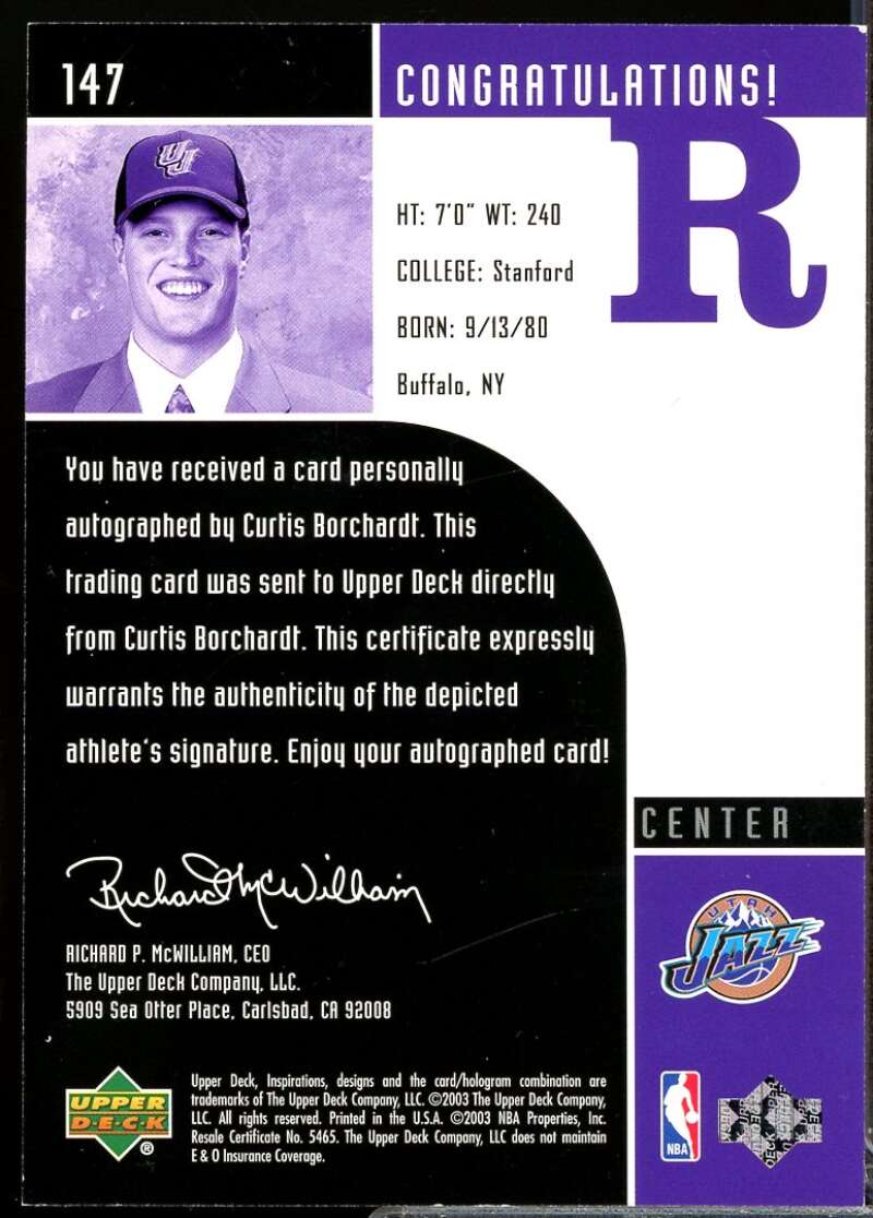 Malone Curtis Borchardt Rookie 2002-03 Upper Deck Inspirations Autograph #147  Image 2