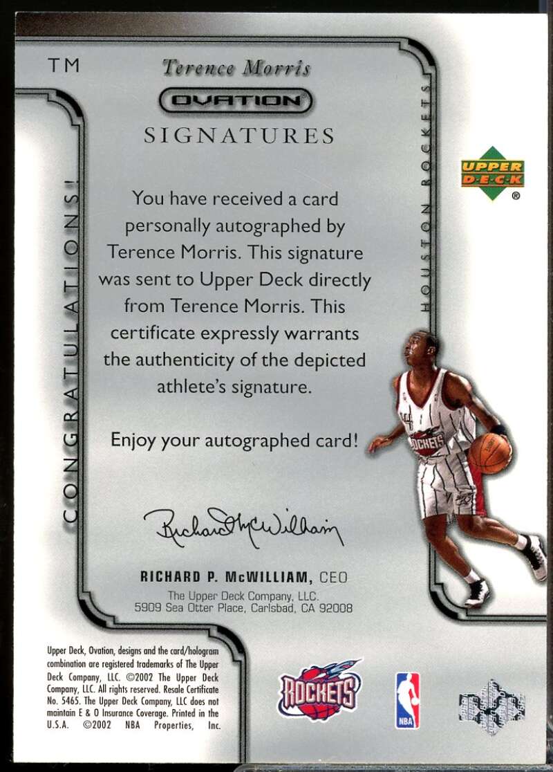 Terence Morris Card 2002-03 Upper Deck Ovation Autograph Signatures #TM  Image 2
